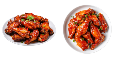 Delicious plate of chili chicken wings ,side and top view, isolated on a transparent background ,PNG