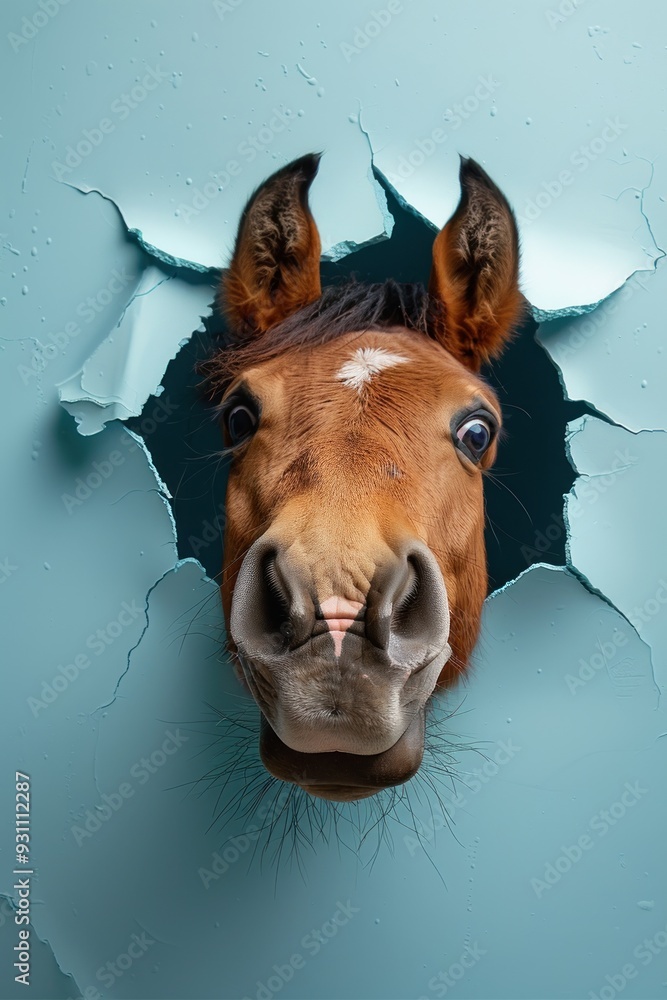 Sticker A horse's head peeks through a cracked blue wall.