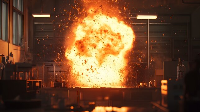 19. An intense scene of a hazardous chemical reaction causing a toxic explosion in a lab