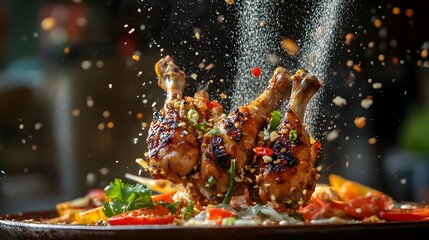 Grilled Chicken and Som Tam Tossed High with Vibrant Colors and Dramatic Lighting