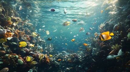 Fototapeta premium 20. An underwater scene with toxic waste and pollution affecting marine life