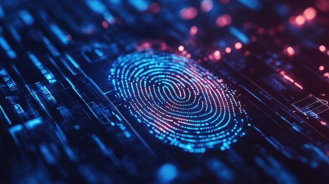 Abstract fingerprint illustration on a futuristic digital interface background, highlighting the concept of identity and security.
