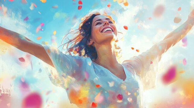 Happy woman concept represented by an abstract illustration of joy and positivity, expressed through soft colors and shapes.