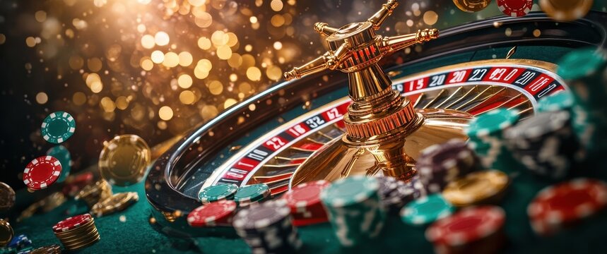 The background is full of gold coins and casino chips, with the main body featuring an ornate roulette wheel on green velvet fabric. The colors include reds, blues, greens, yellows, and black tones. 