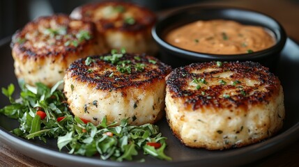 Crab cakes served with a side of remoulade sauce a  302 food, meat, meal, dinner, chicken, plate, fried, dish, lunch, pork, fish, grilled, cuisine, salad, vegetable, tomato, roasted, beef, gourmet, gr