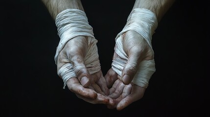Bound Hands, Heavy Heart: A poignant portrayal of struggle and resilience, showcasing weathered hands bound by white cloth against a stark black backdrop. 