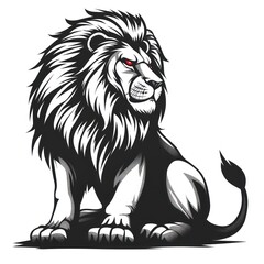 Black and white illustration of a lion with red eyes, sitting on a white background.
