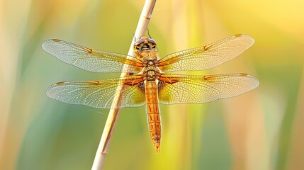 Close-up of a dragonfly with translucent wings perched on a thin stem.