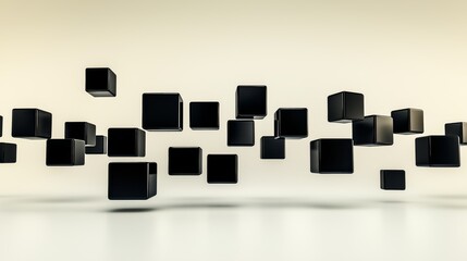 Abstract black cubes floating in mid-air against a light beige background. A minimalist design with a futuristic feel.