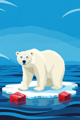 Fototapeta premium Depiction of a polar bear standing on melting glacier and ice sheet, highlighting the impact of global warming and climate change, illustrates the urgent environmental crisis.