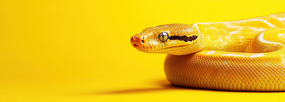 Yellow python snake on yellow background with copy space