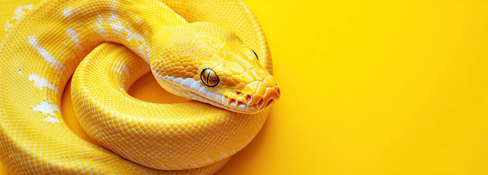 Yellow python snake on yellow background with copy space