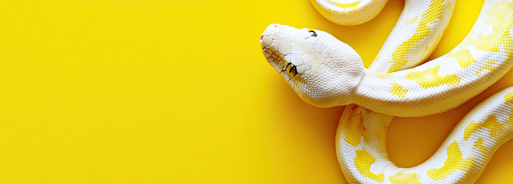 Yellow python snake on yellow background with copy space