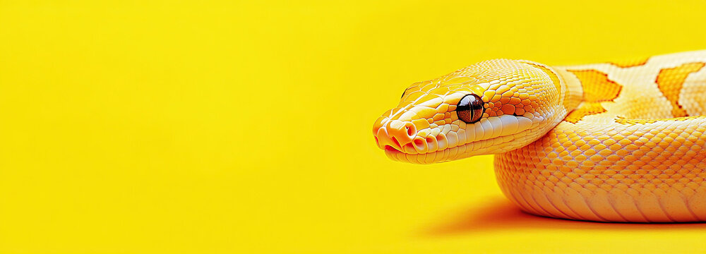 Yellow python snake on yellow background with copy space