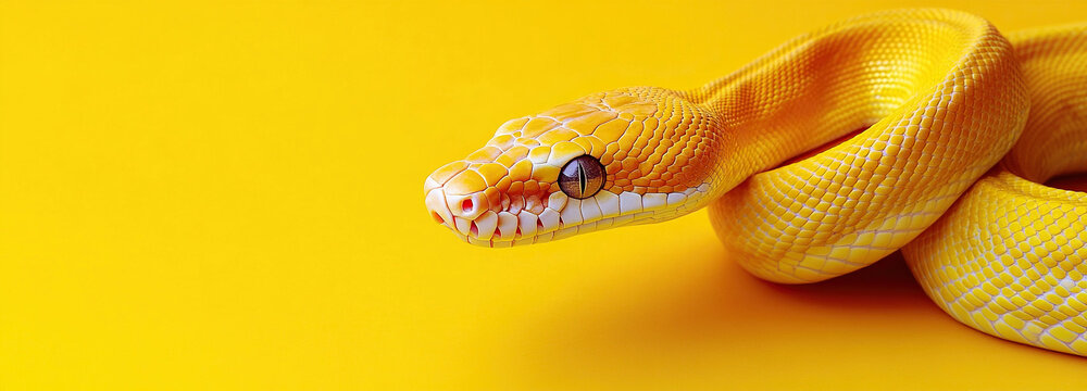 Yellow python snake on yellow background with copy space