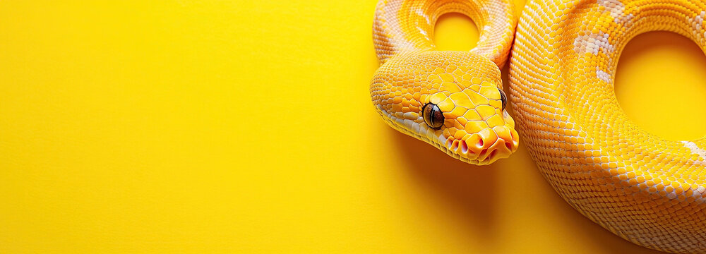 Yellow python snake on yellow background with copy space
