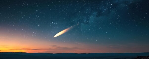 A bright comet with a long tail, moving across the night sky, astrophotography, comet, night sky