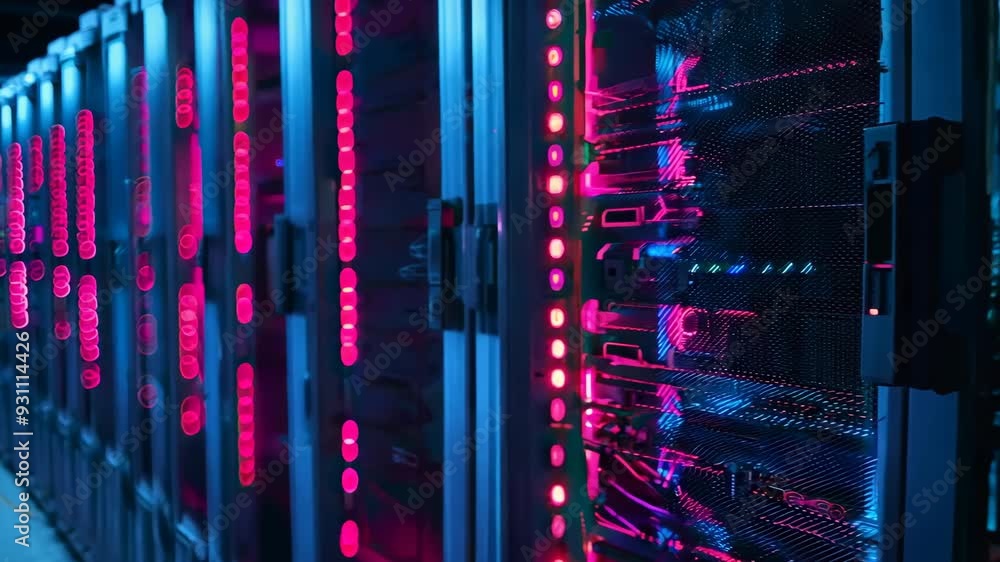 Poster close up of high speed server cpu with pulsing lights, core of modern computing