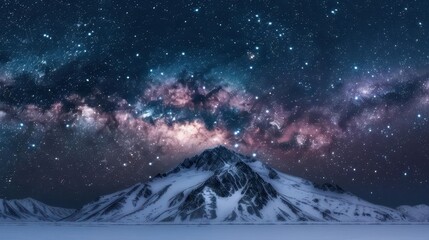 Obraz premium Starry night sky above a snow-covered mountain, with the Milky Way visible, astrophotography, Milky Way, mountain night