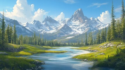 Majestic Mountain Range with River