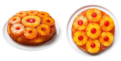 Delicious plate of pineapple upside down cake ,side and top view, isolated on a transparent background ,PNG