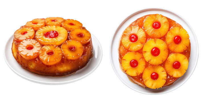 Delicious plate of pineapple upside down cake ,side and top view, isolated on a transparent background ,PNG