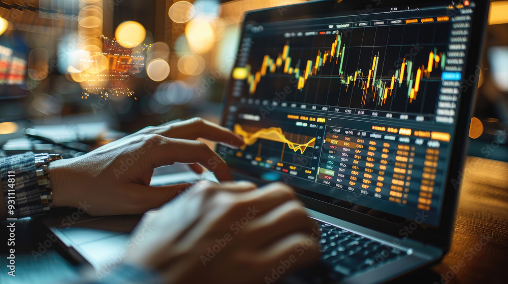 Poster wealthy individual tracking investment portfolio on a sleek digital device. generative ai.
