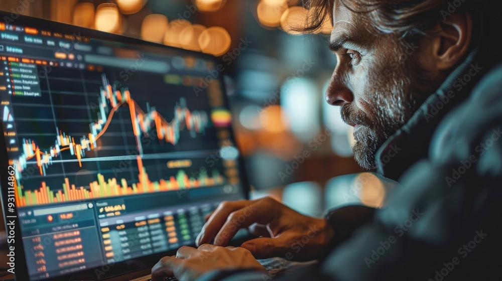 Poster wealthy individual tracking investment portfolio on a sleek digital device. generative ai.