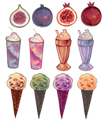 Fig, pomegranate, milkshake, ice cream watercolor food illustration simple drawing retro stylized clip art Exotic Fruit Art flat 2d painting