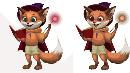 Little Fox Wizard Character Concept Art with Rendering Casual Game Art 2D Artist Magic Design Children Book Illustration Baby Product ClipArt Element Magic Hat Cape Robe Shorts and Hoodie Kid