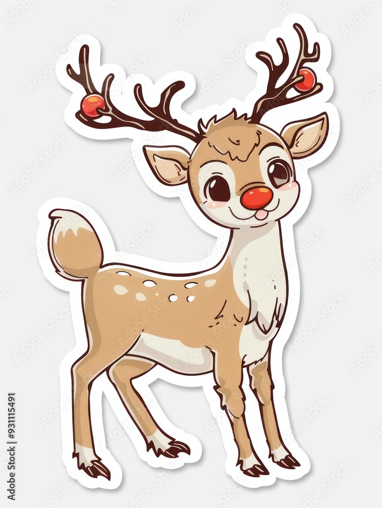 Wall mural Cute cartoon reindeer sticker with red nose and berries on antlers.