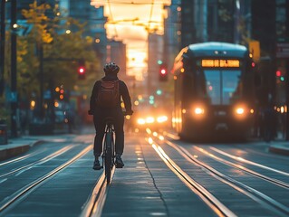 A commuter on a bicycle riding through dedicated lanes, easily connecting to a nearby transit station for a quick transfer Bicycle Commute Transit, Dedicated lanes