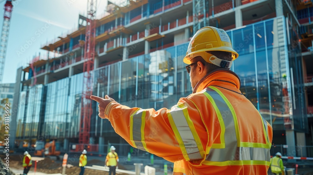 Poster a project manager, pointing towards the glass building under construction, wearing a high-visibility