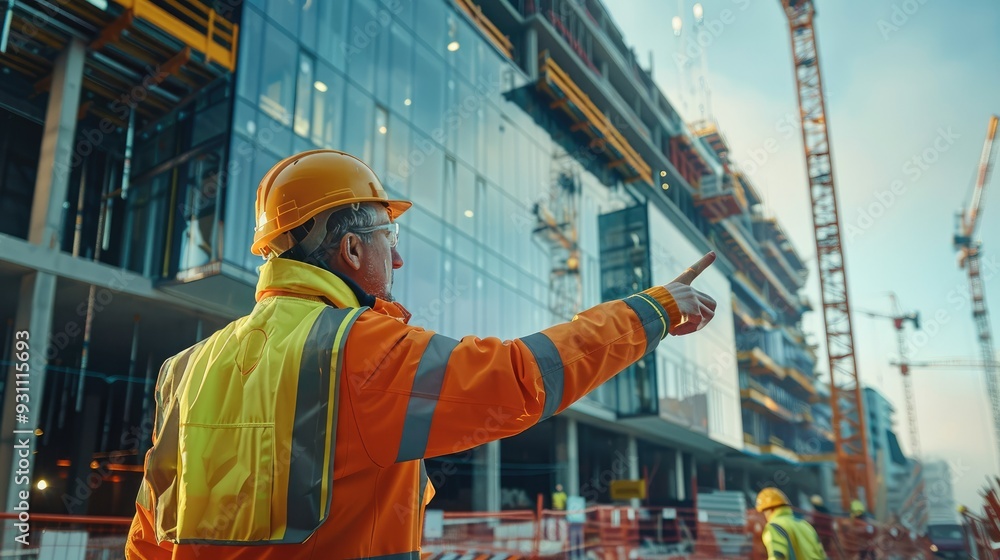 Aufkleber a project manager, pointing towards the glass building under construction, wearing a high-visibility