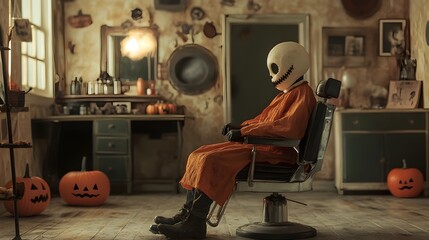 Spooky Halloween Barber Shop Scene with Costumed Customer