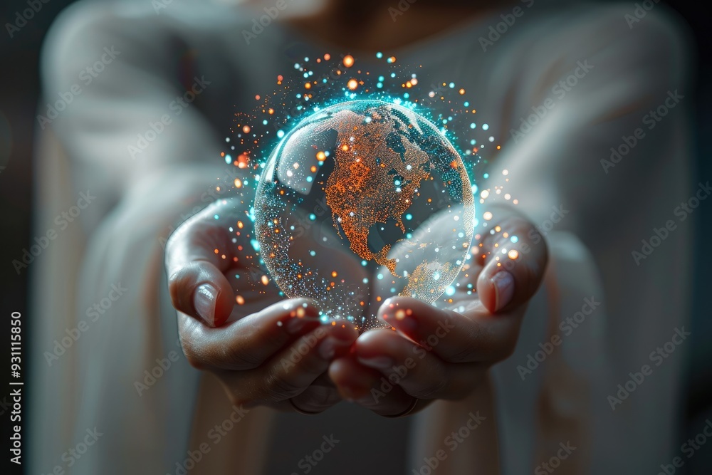 Poster a woman holds a global network connection in her hand. wireless communication technology, internet c