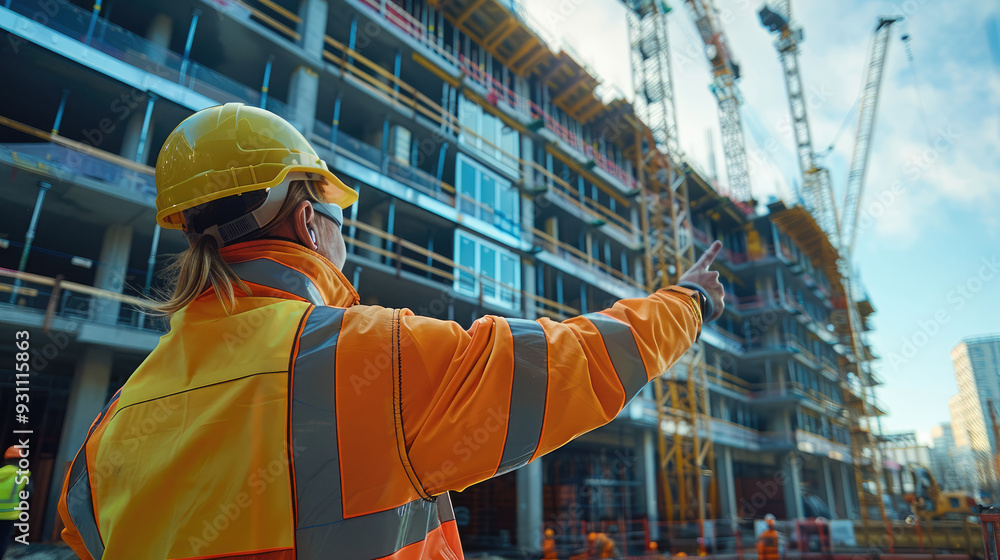 Aufkleber a project manager, pointing towards the glass building under construction, wearing a high-visibility