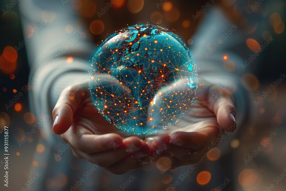 Aufkleber a woman holds a global network connection in her hand. wireless communication technology, internet c