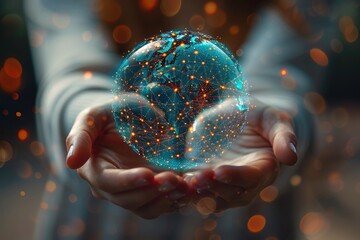 A woman holds a global network connection in her hand. Wireless communication technology, Internet communication. Polygonal futuristic technology. Generative AI.