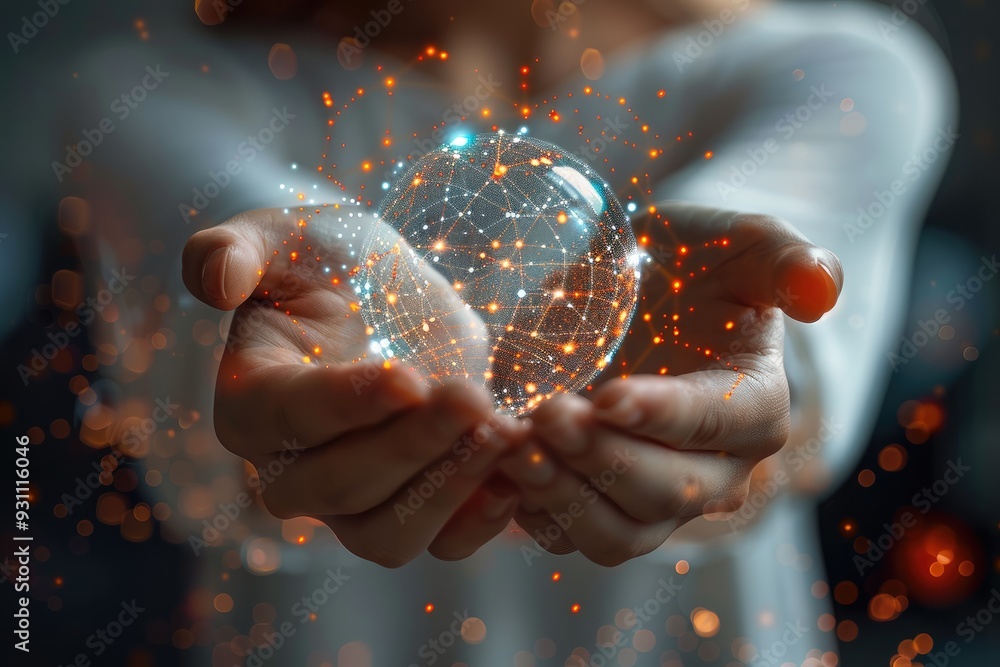 Leinwandbilder A woman holds a global network connection in her hand. Wireless communication technology, Internet communication. Polygonal futuristic technology. Generative AI.