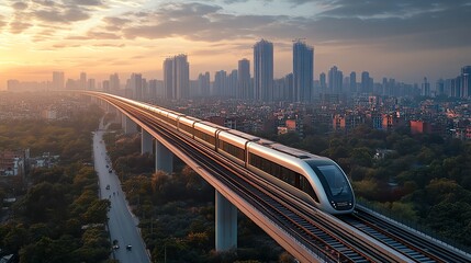 A metro line running across a series of bridges, connecting industrial zones and facilitating the swift movement of goods Metro Bridges Goods, Industrial connectivity