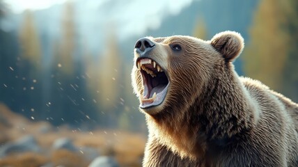 Obraz premium Close-up of a roaring grizzly bear with bared teeth.
