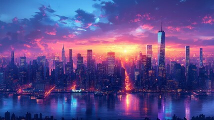 Illustrate a bustling cityscape at twilight its sk  785 night, city, factory, oil, skyline, industry, refinery, sky, plant, industrial, water, building, power, sunset, river, light, tower, gas, busine