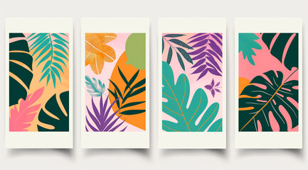Obraz premium four sets of flat vector designs with colorful plants and leaves