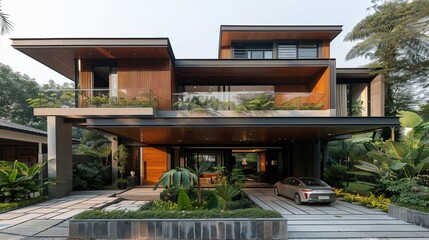 Fototapeta premium An Indian modern house with a car park, a concrete and timber clad facade in front of the villa yard with a big terrace on the first floor, a minimal architecture design, tropical garden environment.