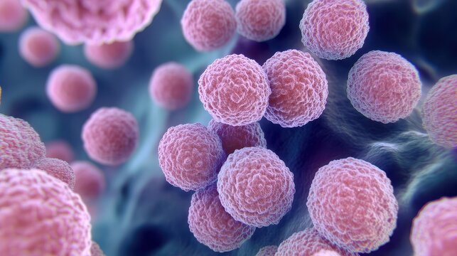 Staphylococcus aureus, Cluster of spherical bacteria magnified under a microscope