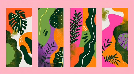 four sets of flat vector designs with colorful plants and leaves