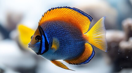 Side view of a colorful angelfish isolated on a wh  641 fish, aquarium, water, sea, underwater, tropical, ocean, animal, nature, yellow, coral, marine, colorful, isolated, goldfish, reef, color, blue,