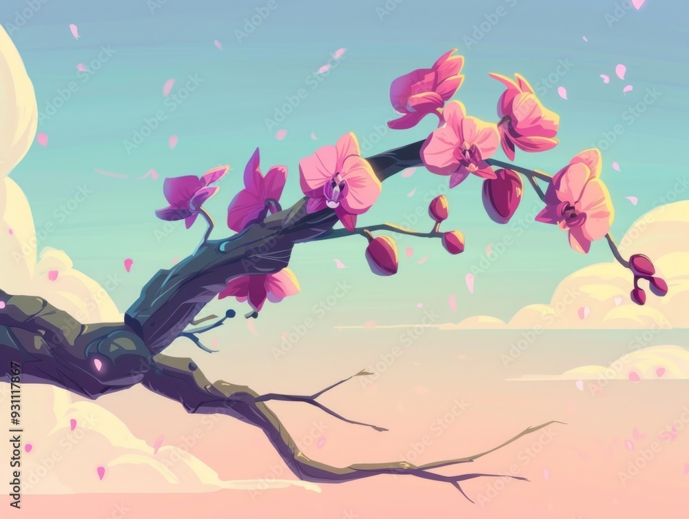 Sticker A branch with pink flowers against a blue and pink sky with petals falling.