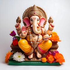 Traditional Clay Idol of Lord Ganesha, decorated with colorful flowers, placed on a vib,  Ganesh Chaturti